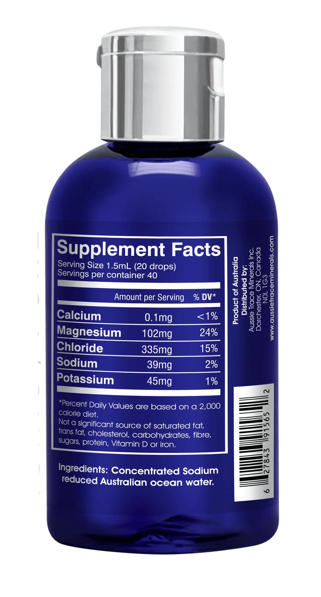 Ocean Sourced Electrolyte Drops - 60ml supplement facts label showing minerals from Aussie Trace Minerals collection.
