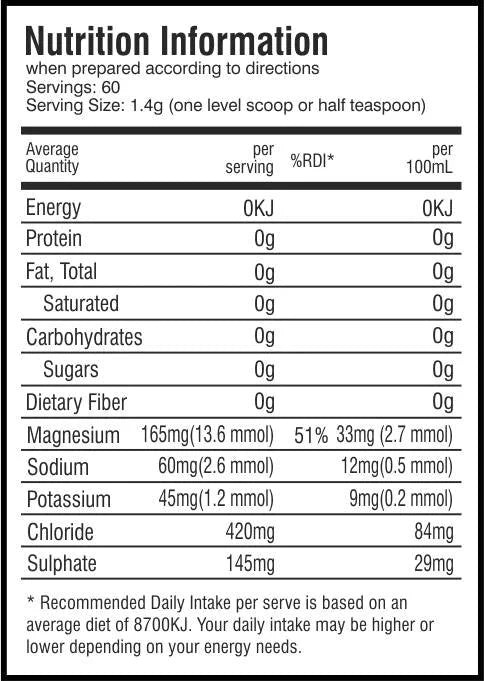 Nutrition facts panel for Ocean Trace - 60 Serves showing zero calories and detailed mineral content per serving.