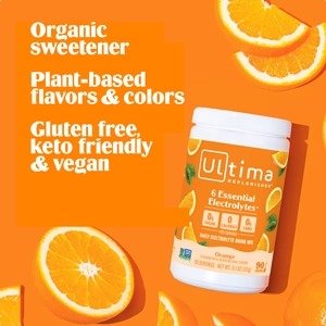 Orange Electrolyte Drink Mix - 90 Serves by Ultima Replenisher with organic sweetener, plant-based flavors, vegan and keto friendly.