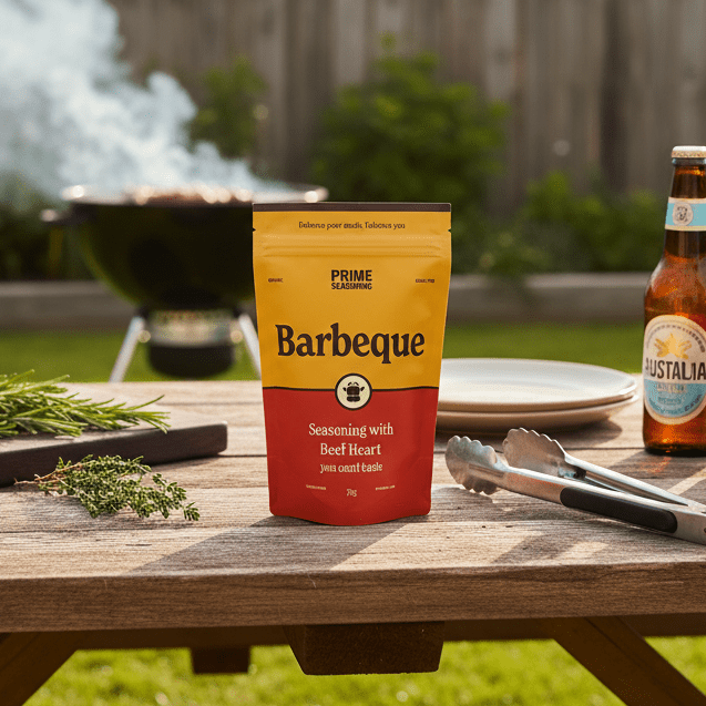 Organic Barbeque Seasoning with Beef Heart - 75g by Prime Seasoning displayed on a wooden table with grill and drink outdoors.