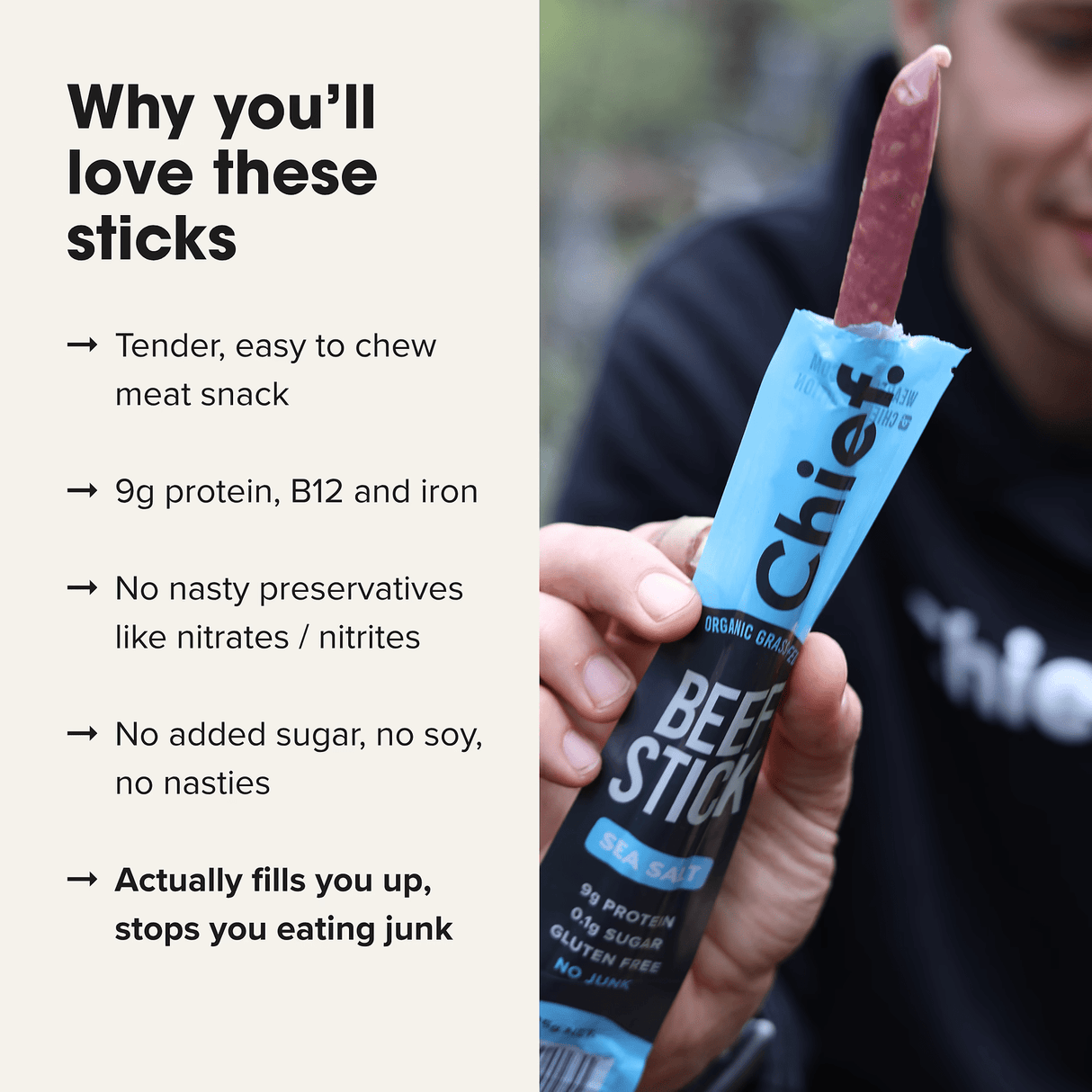 Person holding an Organic Beef Stick - Sea Salt - 25g from Chief with details about its protein and no preservatives.