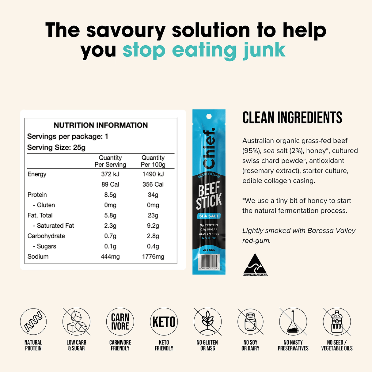Organic Beef Stick - Sea Salt - 25g by Chief showing nutrition facts, clean ingredients, and keto friendly meat snack benefits.