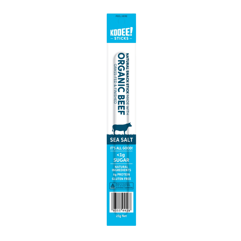 Organic Beef Stick - Sea Salt by KOOEE! in blue and white packaging, keto friendly, gluten free snack stick.