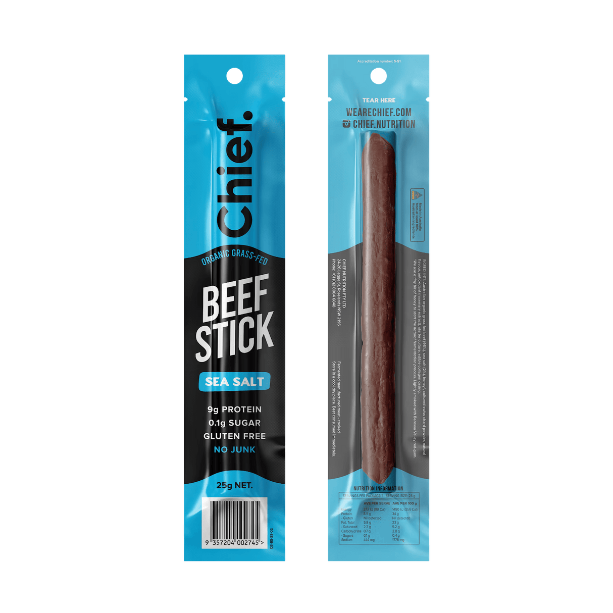 Organic Beef Stick - Sea Salt - Box of 12 by Chief, savoury low-carb keto jerky from Aussie grass-fed beef.