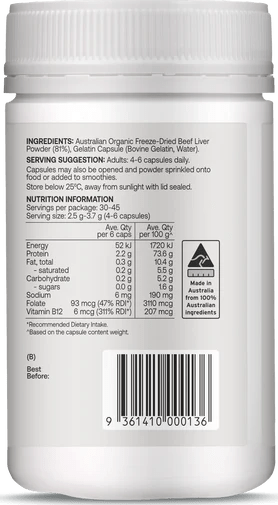 White bottle showing supplement facts and ingredients for Organic Grass-fed Beef Liver - 180 Capsules by Best Of The Bone.