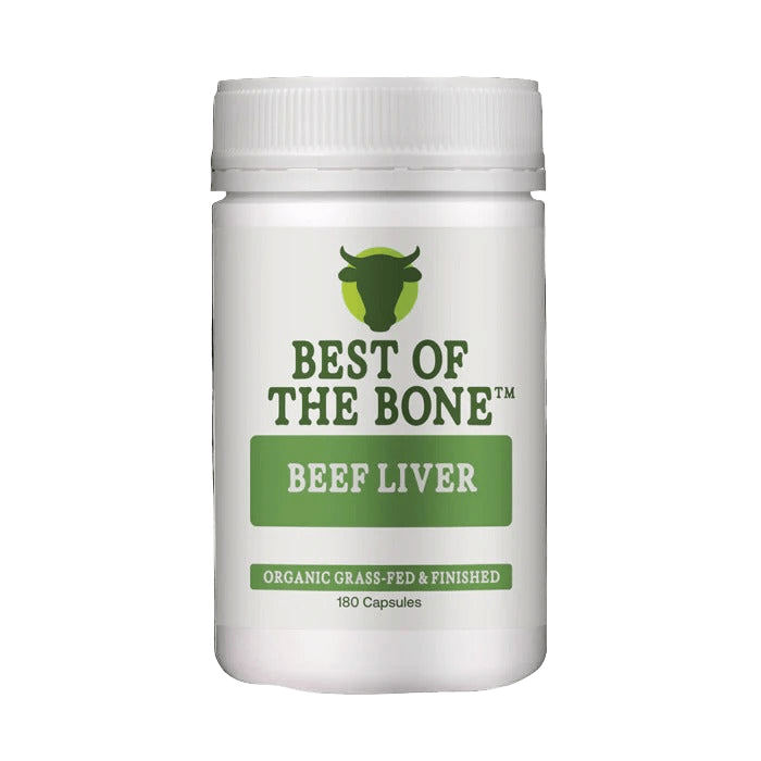 White bottle of Organic Grass-fed Beef Liver - 180 Capsules by Best Of The Bone with green and black label design