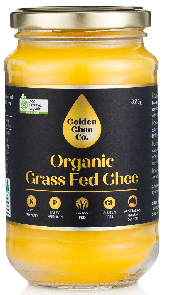 Organic Grass Fed Ghee - 685g in glass jar by Golden Ghee Co with black label and gold lid, Australian made and gluten free.