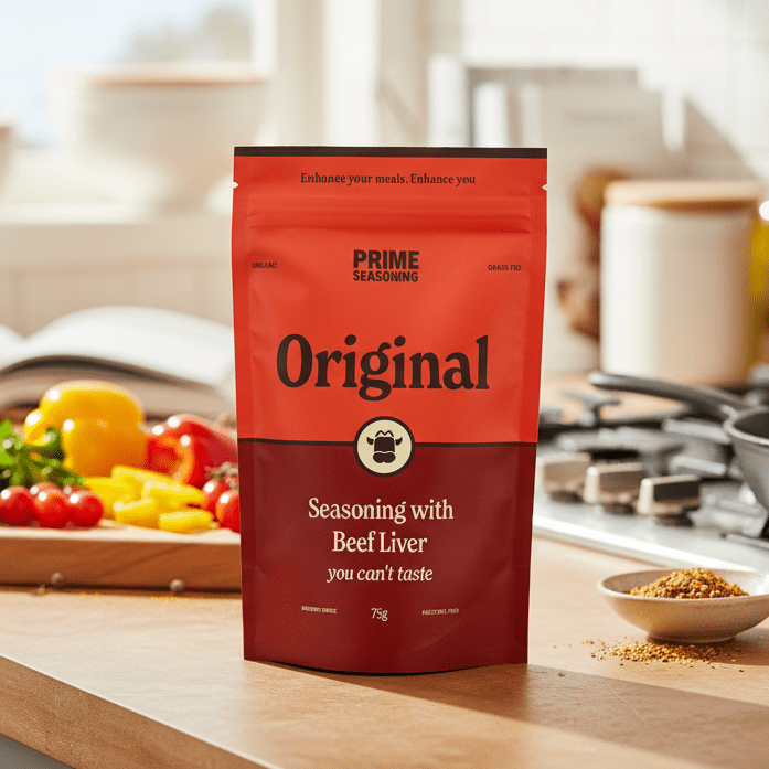 Organic Original Seasoning with Beef Liver - 75g by Prime Seasoning in a kitchen setting with fresh vegetables nearby.