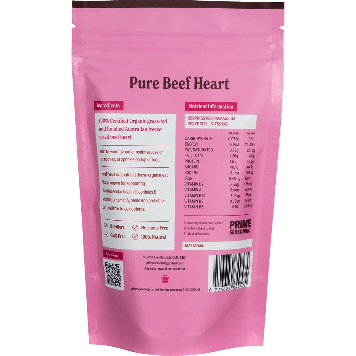 Organic Pure Freeze Dried Beef Heart Powder - 100g by Prime Seasoning in pink resealable bag with nutrition info and usage details.