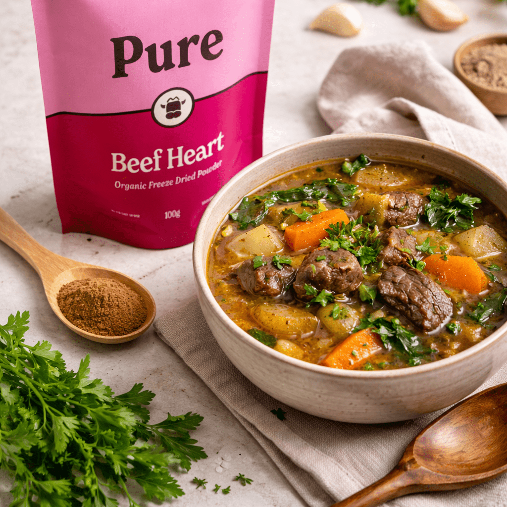 Organic Pure Freeze Dried Beef Heart Powder - 100g by Prime Seasoning beside a hearty bowl of stew with vegetables and herbs.