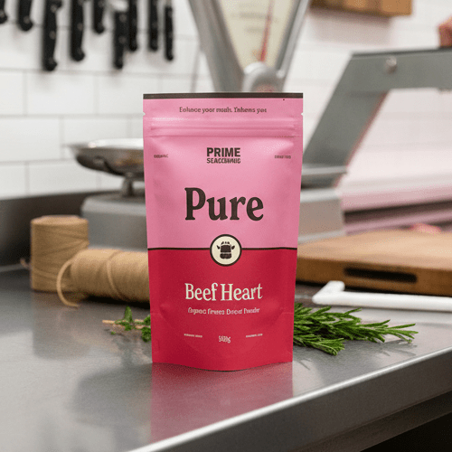 Organic Pure Freeze Dried Beef Heart Powder - 100g by Prime Seasoning displayed on kitchen counter with herbs nearby