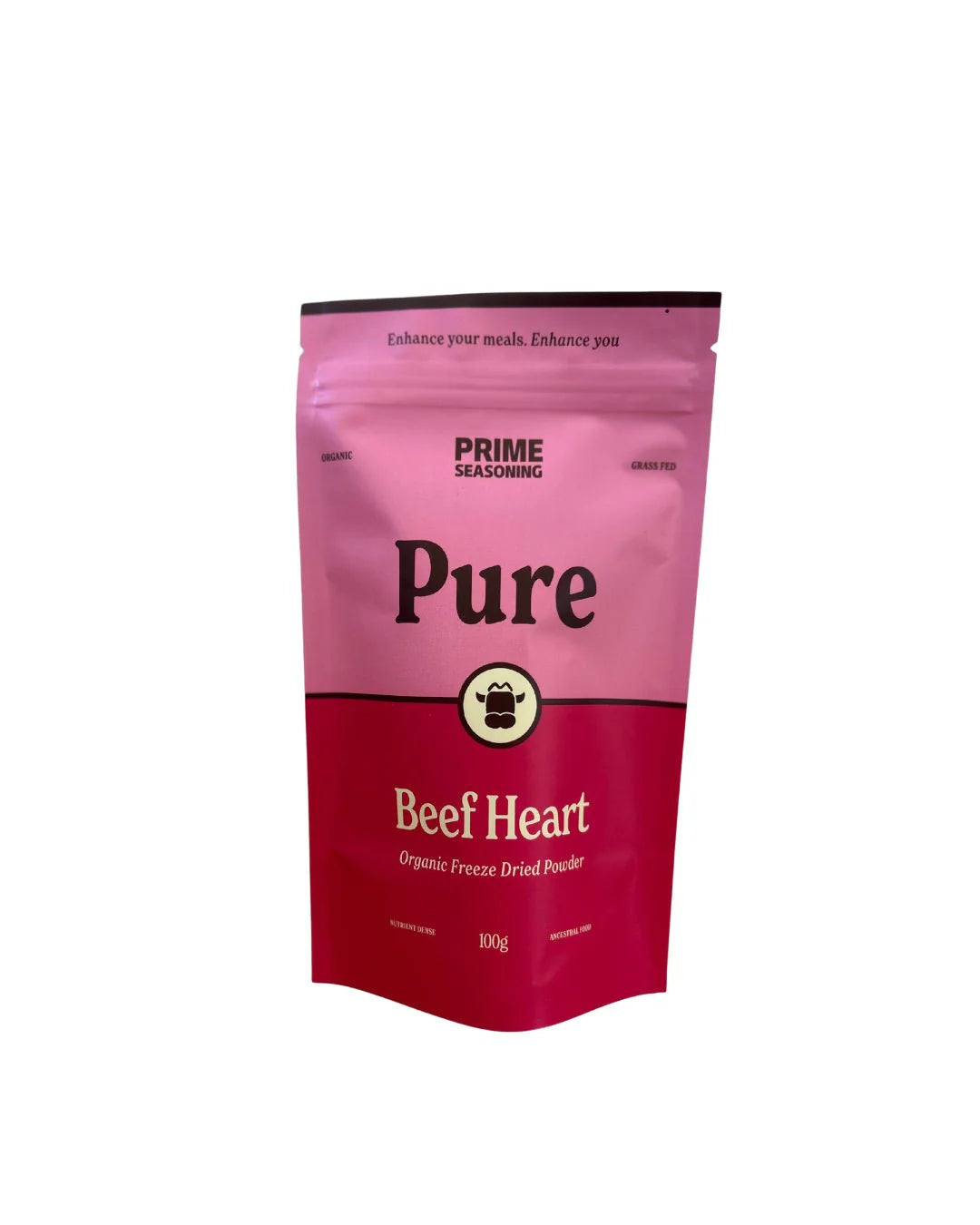 Organic Pure Freeze Dried Beef Heart Powder - 100g by Prime Seasoning in vibrant pink-red resealable pouch packaging.