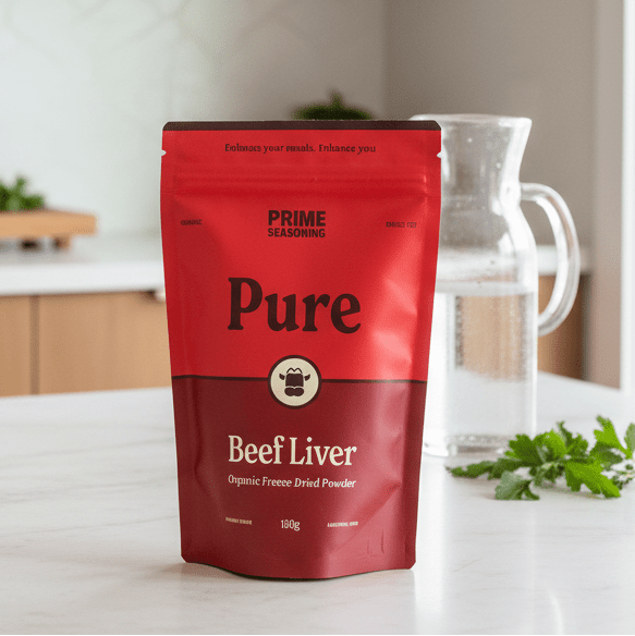 Organic Pure Freeze Dried Beef Liver Powder - 100g by Prime Seasoning in red resealable pouch on kitchen counter.