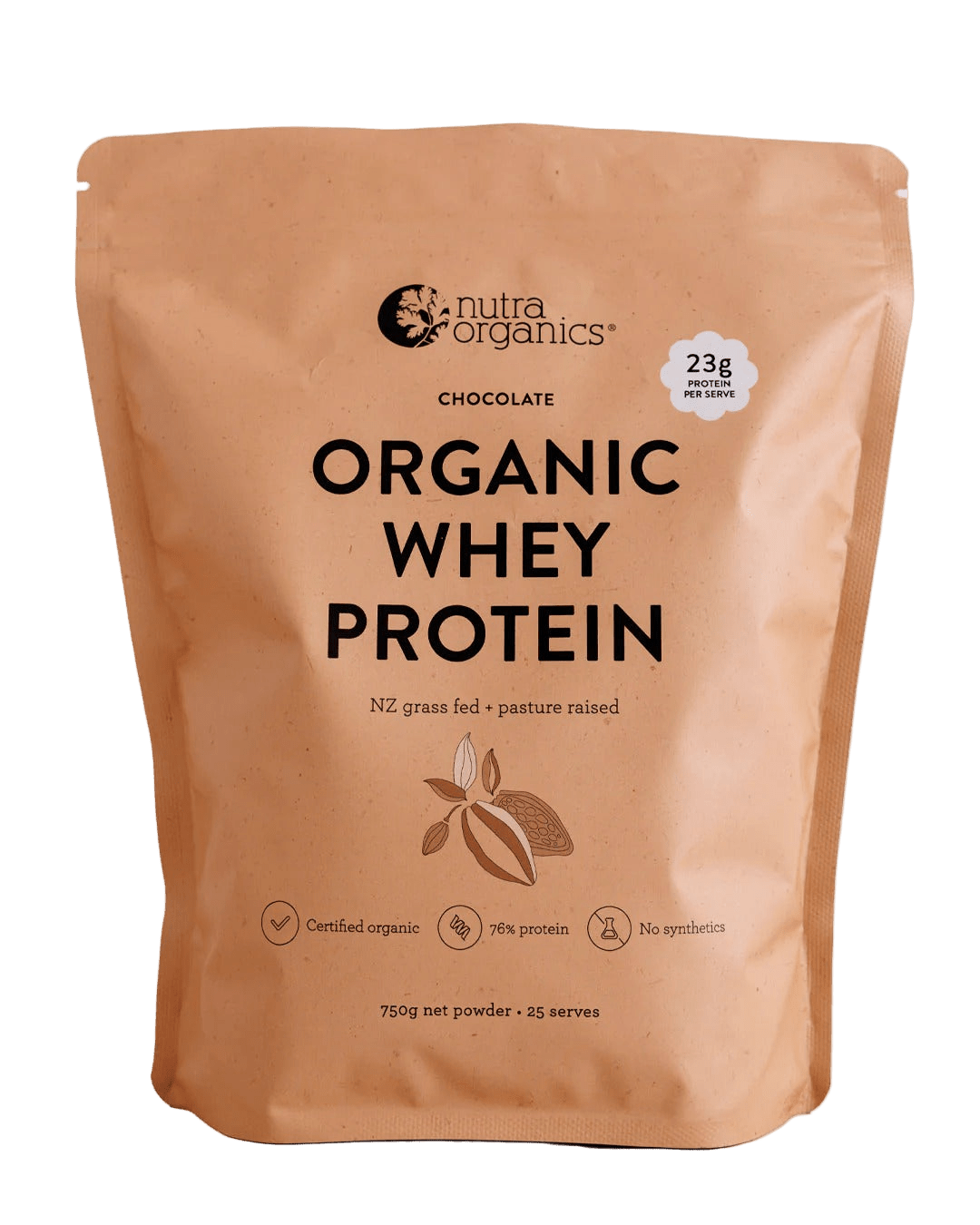 Nutra Organics Organic Whey Protein - Chocolate - 750g pouch with 23g protein per serve in natural packaging
