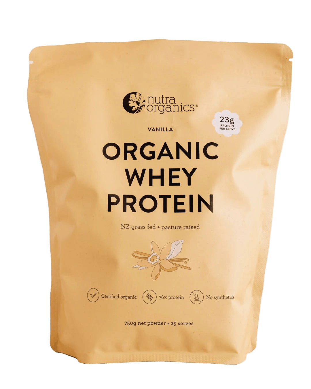 Nutra Organics Organic Whey Protein - Vanilla - 750g pouch with 23g protein per serve, certified organic and pasture raised