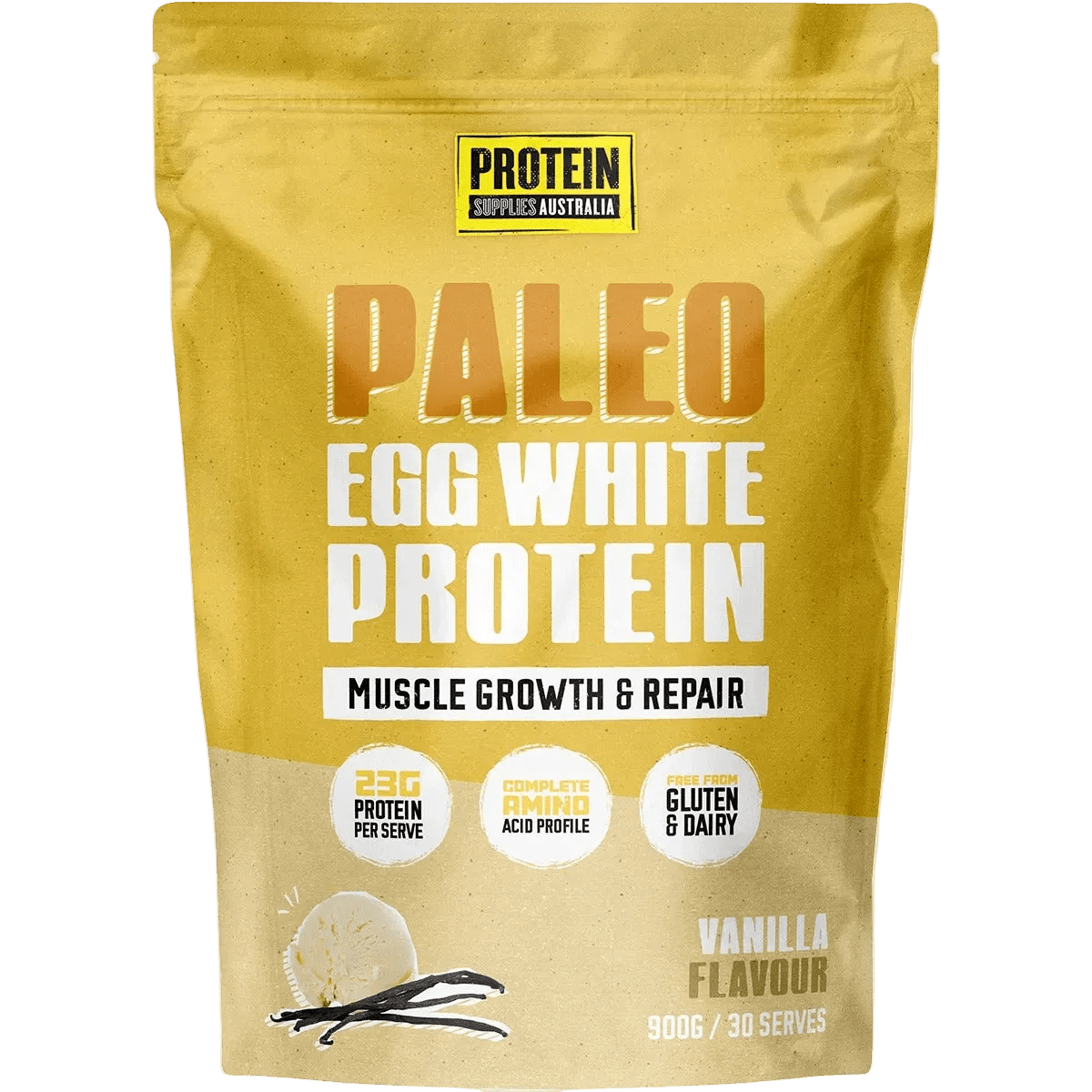 Paleo Pro Vanilla Egg White Protein - 900g by Protein Supplies Australia in golden resealable pouch for muscle repair and gluten-free diet.
