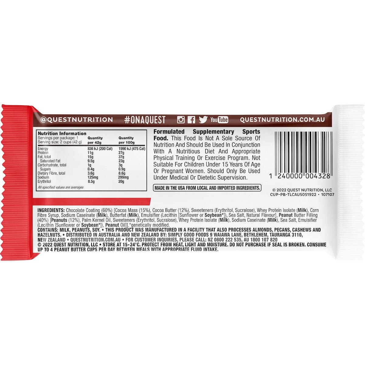 Back label of Quest Nutrition Peanut Butter Cups - 42g showing nutrition facts, ingredients, and product warnings for Snacks and Sweet Snacks collections.