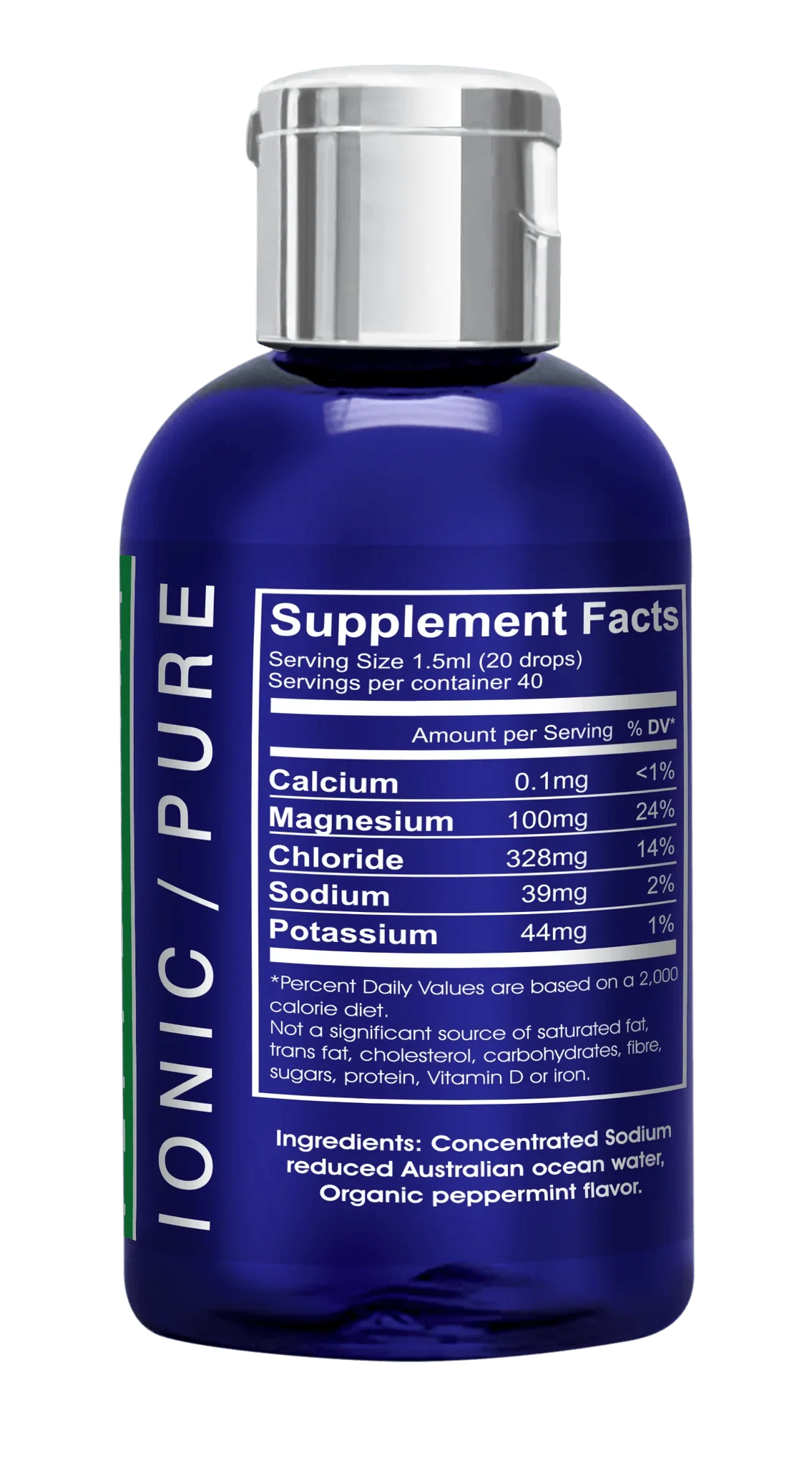 Peppermint Electrolyte Drops - 60ml supplement label showing minerals content including magnesium and sodium in blue bottle