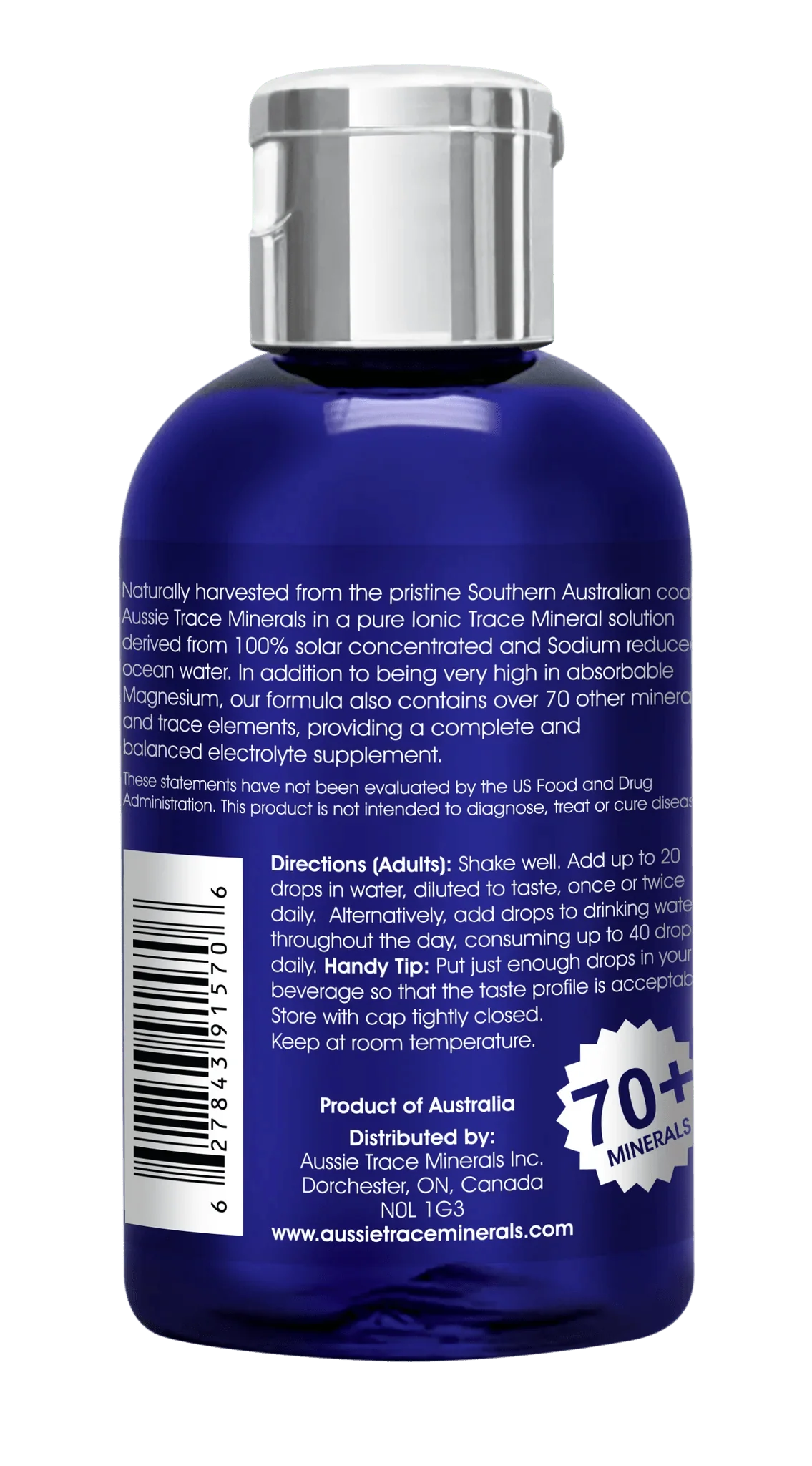 Back of Peppermint Electrolyte Drops - 60ml bottle showing usage instructions and mineral content details.