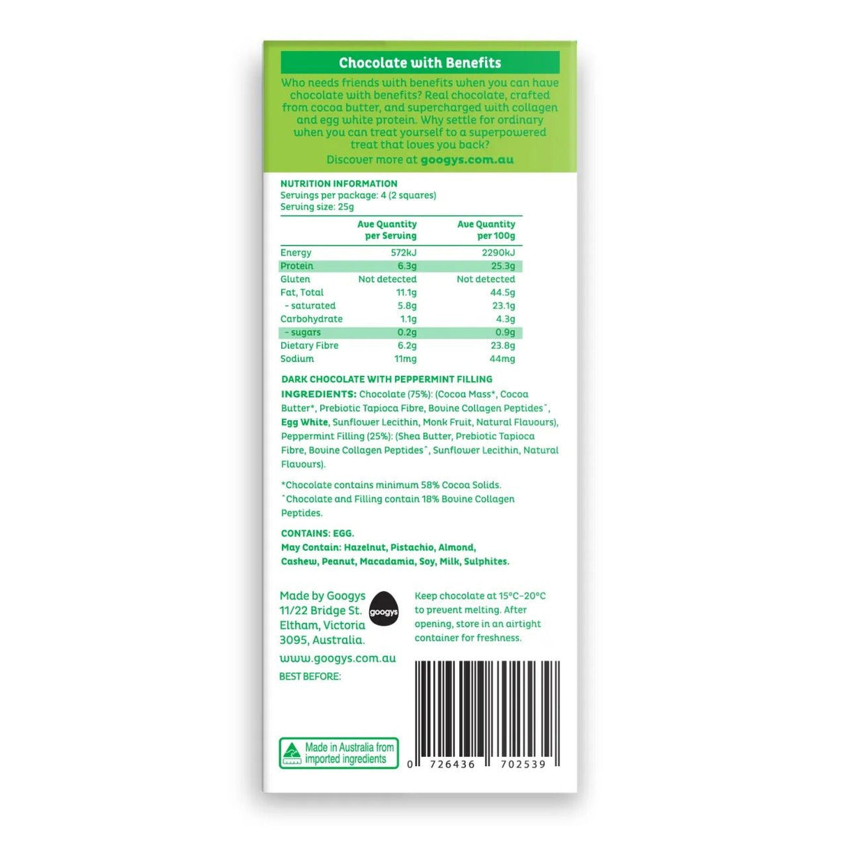 Nutrition facts and ingredients label of Googys Peppermint Protein Chocolate Bar - 100g with Australian business details.
