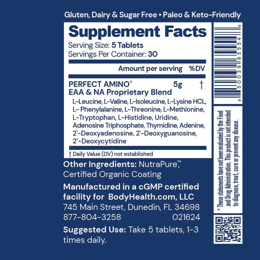 Supplement facts label for Perfect Amino - 150 Coated Tablets by BodyHealth with amino acid blend and usage instructions.