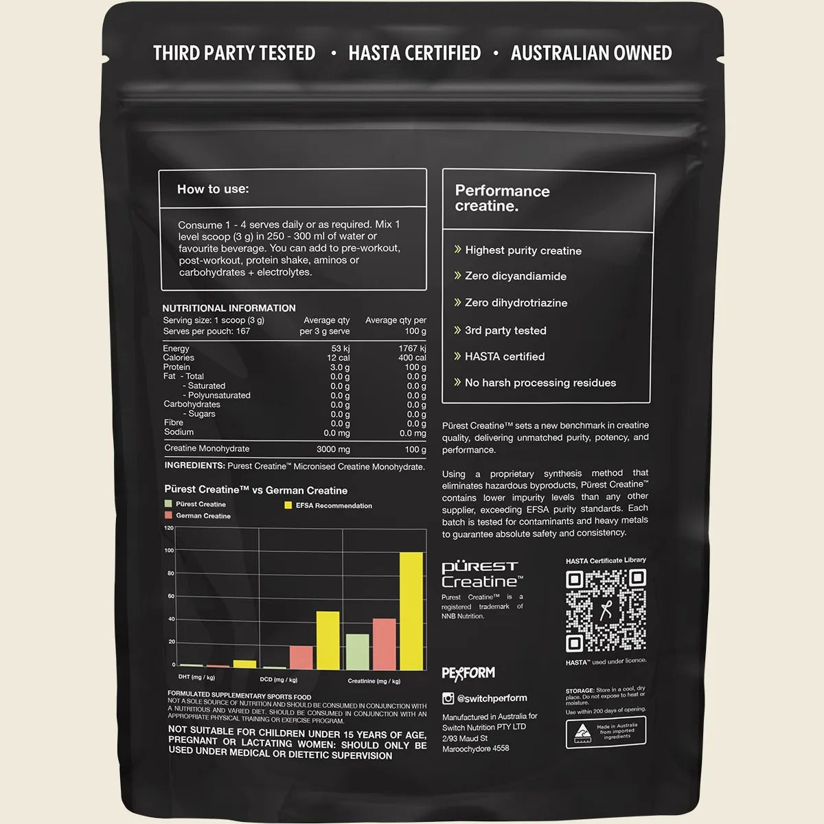 Back of Perform Purest® Creatine Monohydrate 500g by Switch Nutrition showing use instructions and certifications.