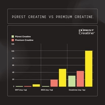 Bar chart comparing Purest Creatine vs Premium Creatine showing higher levels of BMT, BCO, and Creatinine for Perform Purest® Creatine Monohydrate 500g by Switch Nutrition.
