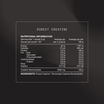 Nutritional information label for Perform Purest® Creatine Monohydrate 500g by Switch Nutrition, in Creatine collection.