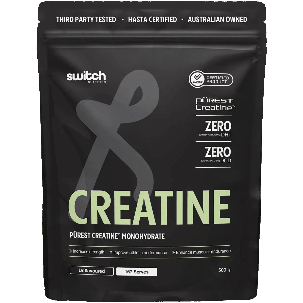 Black pouch packaging of Perform Purest® Creatine Monohydrate 500g by Switch Nutrition from New Arrivals, Creatine collection.