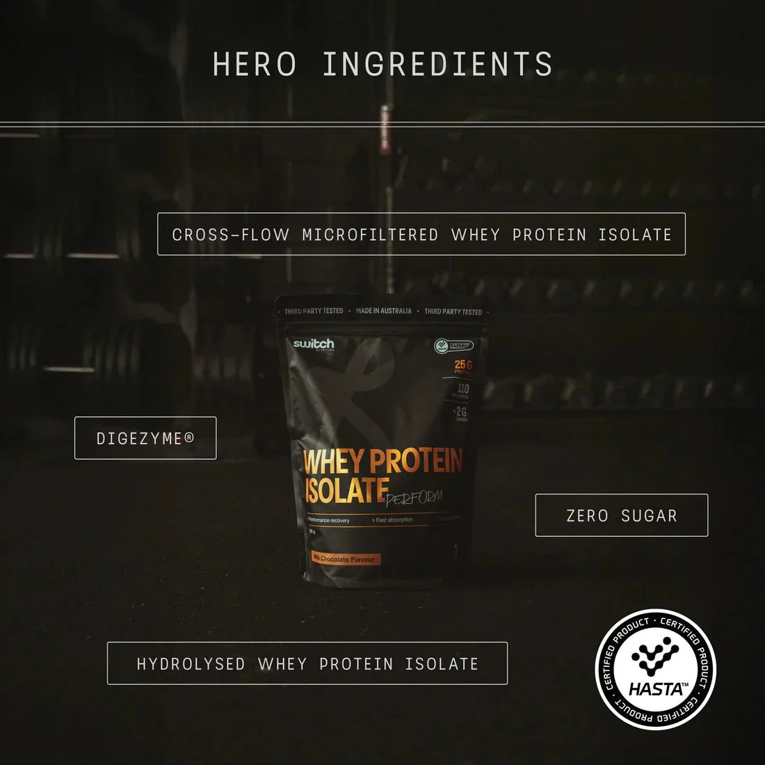 Perform Whey Protein Isolate - Chocolate 750g by Switch Nutrition highlighting hero ingredients and HASTA certification badge.