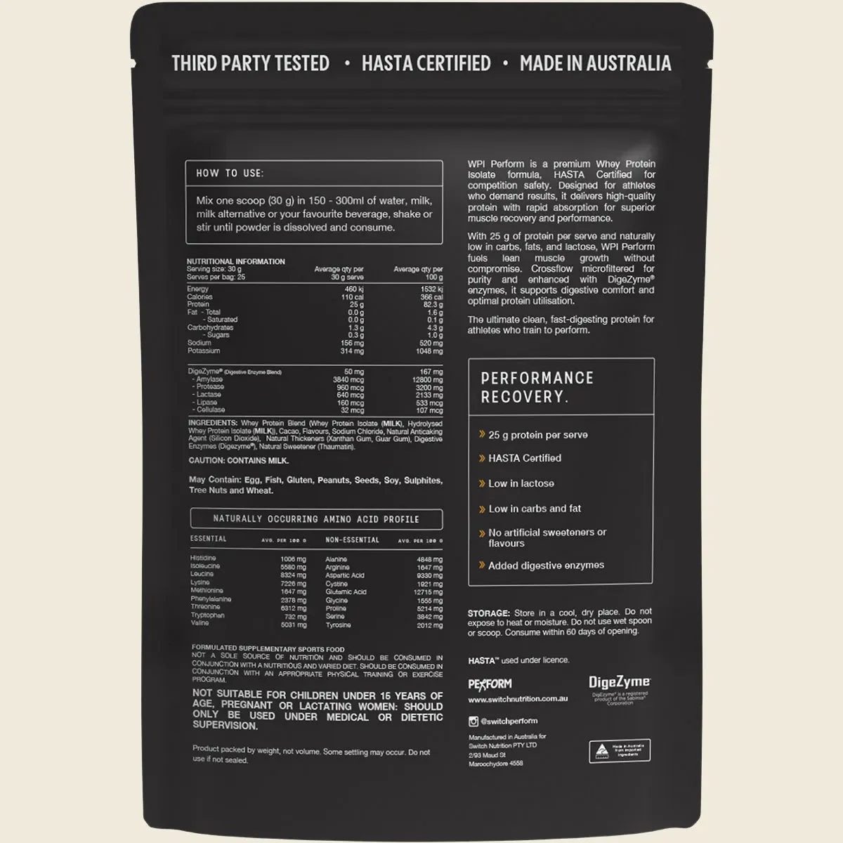 Back of Switch Nutrition Perform Whey Protein Isolate – Chocolate 750g pouch displays white text on black with nutrition facts, usage guide, amino acid profile, ingredients, highlights (lactose-free, rapid absorption), cautions, and certifications.