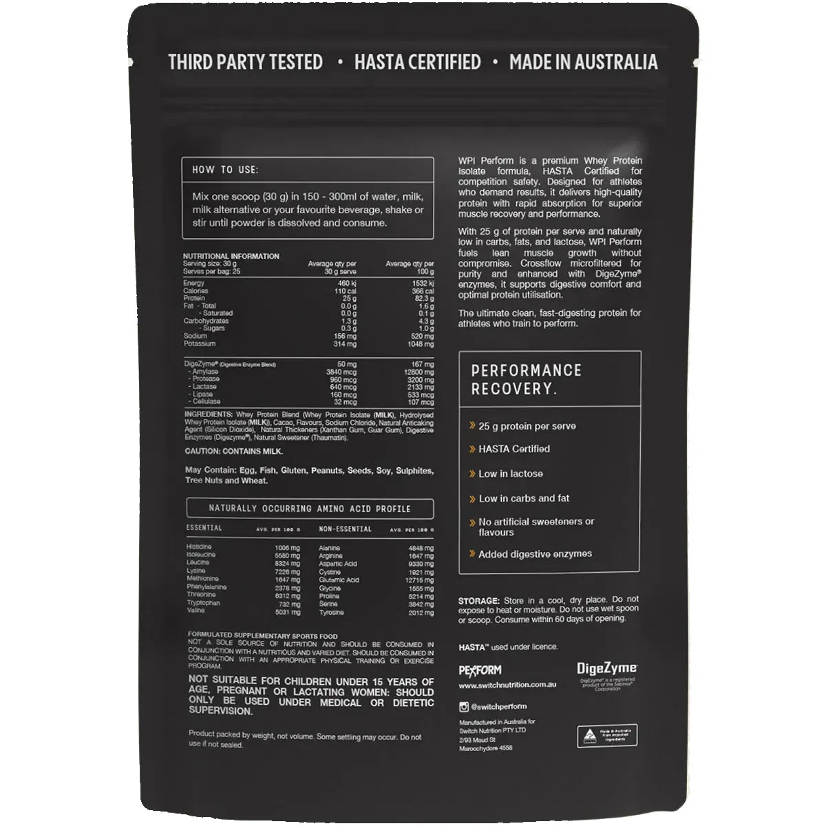 Back of Switch Nutrition Perform Whey Protein Isolate – Chocolate 750g pouch displays white text on black with nutrition facts, usage guide, amino acid profile, ingredients, highlights (lactose-free, rapid absorption), cautions, and certifications.