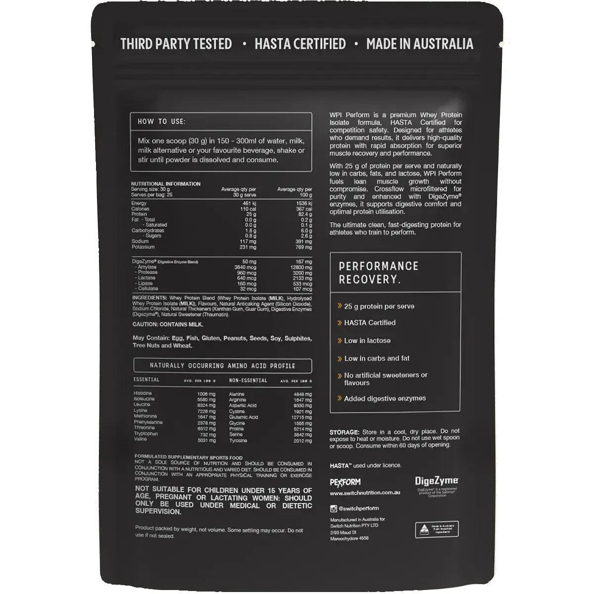 Back of Perform Whey Protein Isolate - Vanilla 750g by Switch Nutrition showing nutrition, ingredients, and usage instructions.