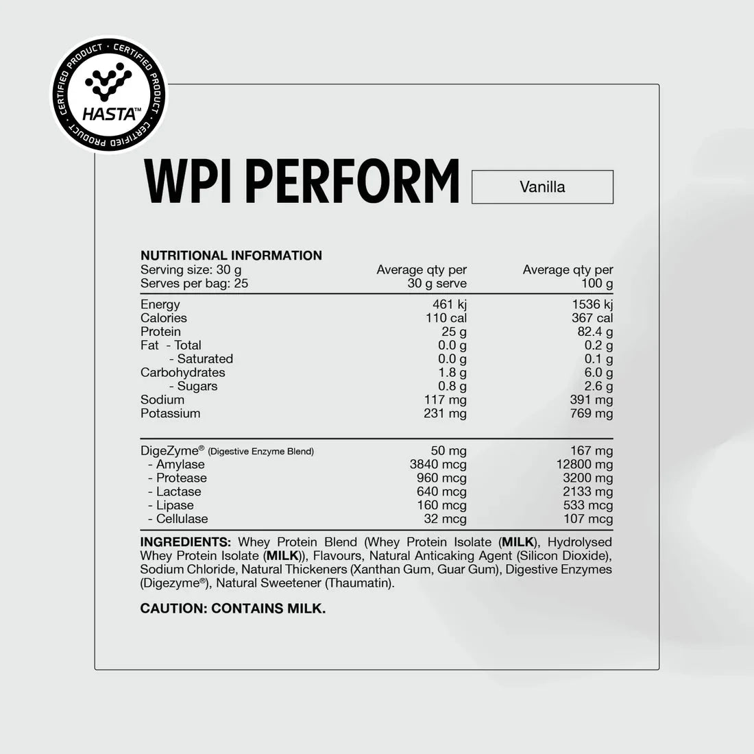 Perform Whey Protein Isolate - Vanilla 750g nutrition label showing detailed ingredients, enzyme blend, and nutritional facts.