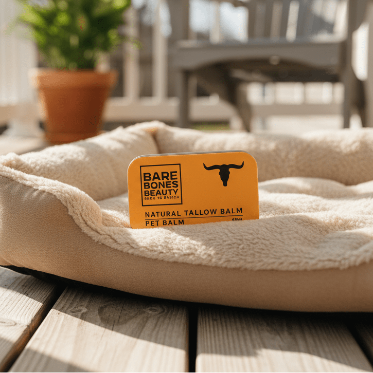 Pet Tallow Balm - 40ml by Bare Bones Beauty resting on cozy pet bed on wooden floor with blurred outdoor background