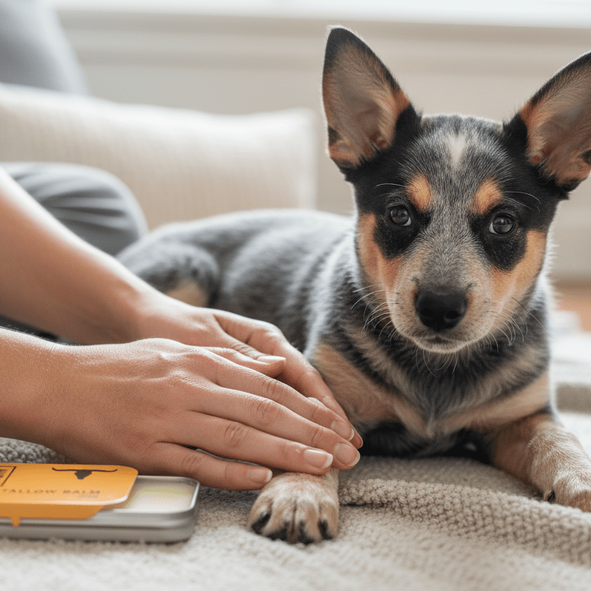 Person applying Pet Tallow Balm - 40ml by Bare Bones Beauty to a puppy's paw on a soft blanket indoors