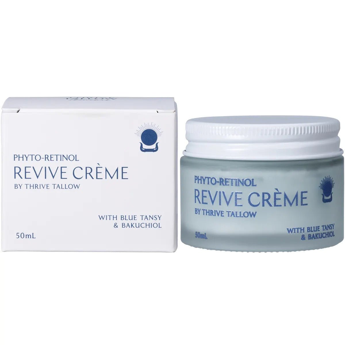 Phyto - Retinol - Revive Creme - 50ml by Thrive Tallow, skincare cream with blue tansy and bakuchiol in glass jar and box