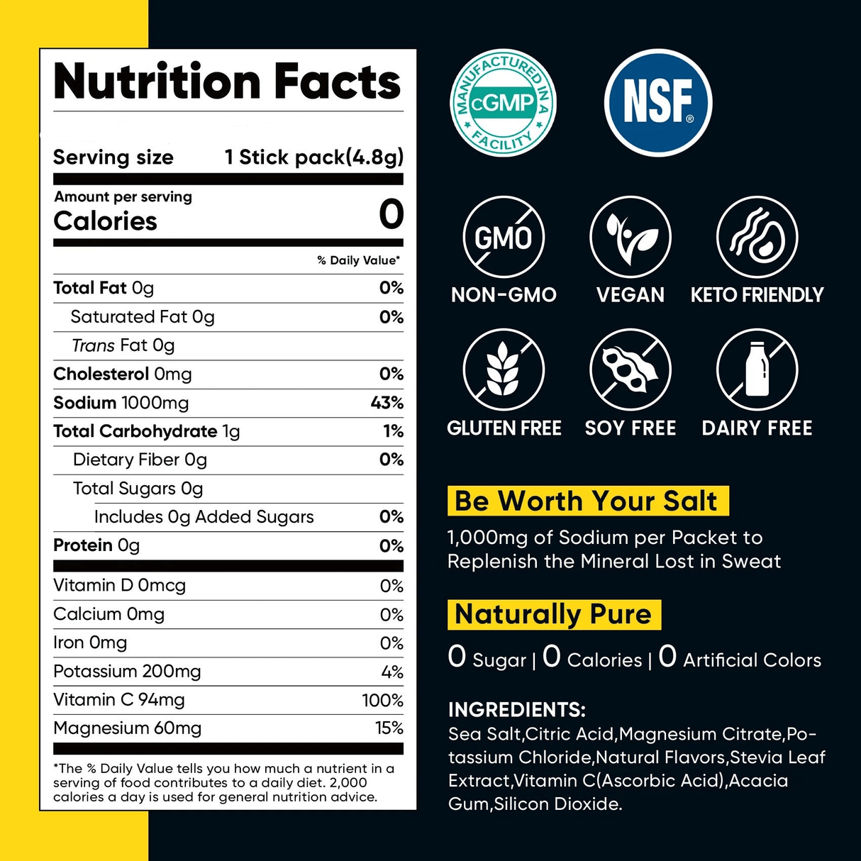 Nutrition facts label for Pineapple Electrolyte Drink Mix - 30 Sticks by Venture Pal with natural, vegan, gluten-free features.