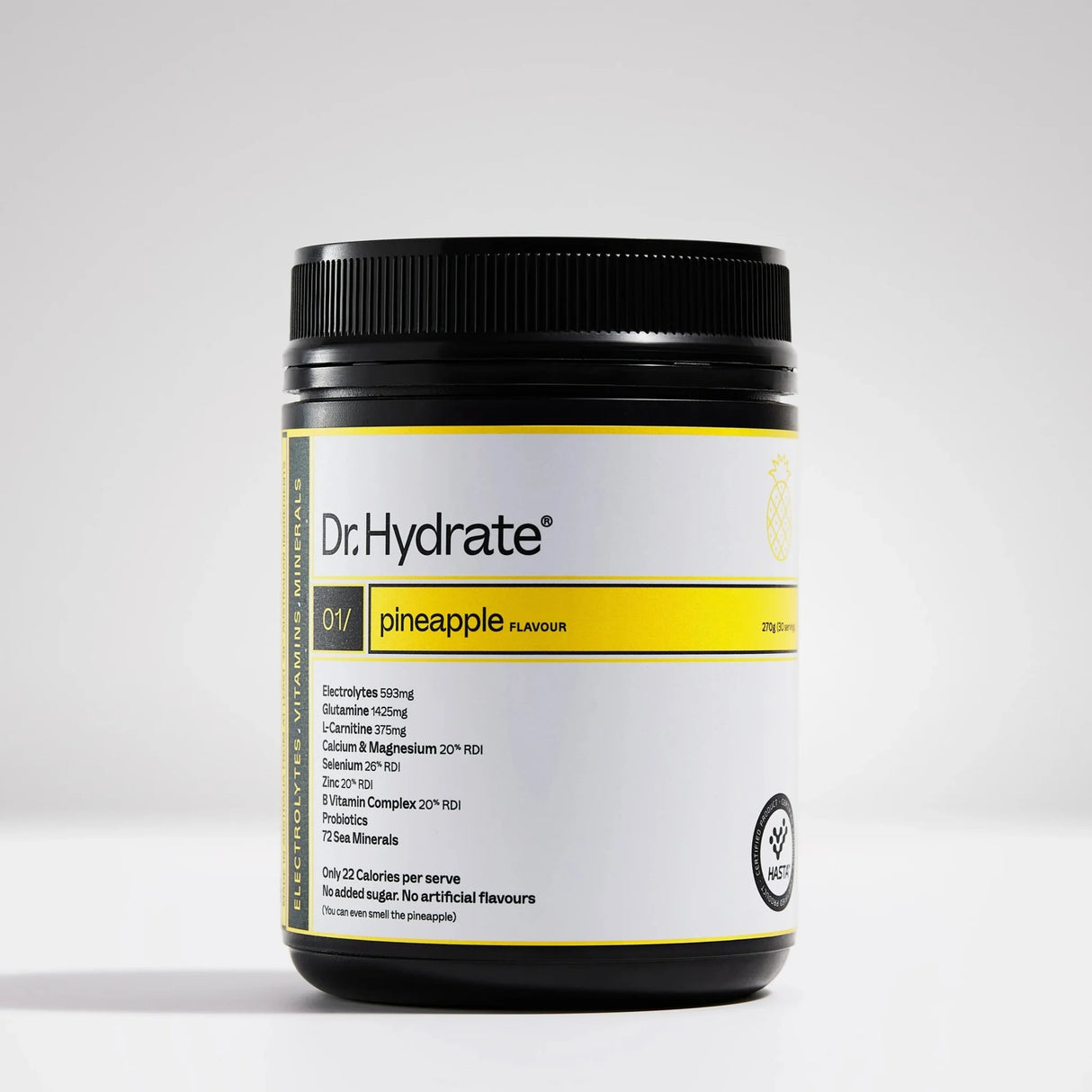 Dr. Hydrate Pineapple Jar - 30 Serves in black container with yellow and white label, featuring electrolyte and vitamin content.