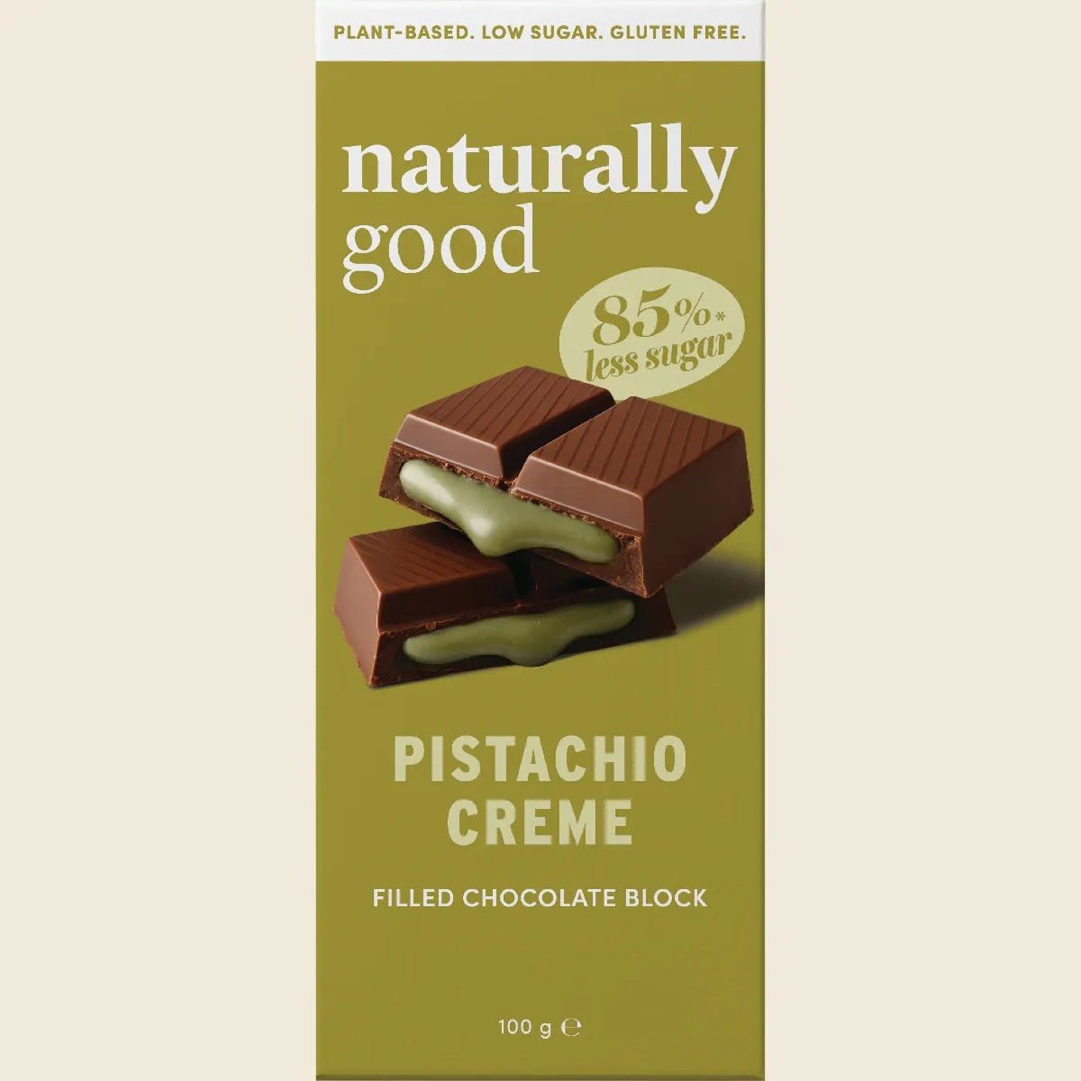Pistachio Creme Filled Chocolate Block - 100g by Naturally Good with smooth pistachio cream inside rich chocolate pieces