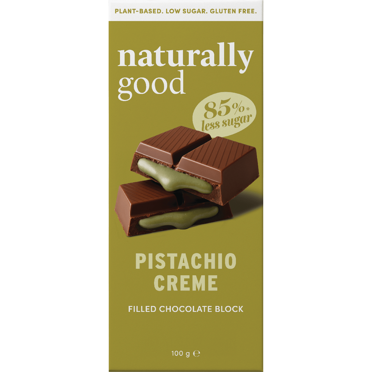 Naturally Good Filled Chocolate Block Bundle featuring pistachio creme-filled chocolate with low sugar and plant-based ingredients