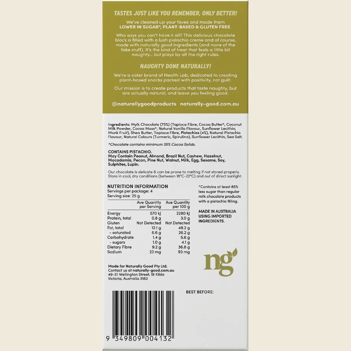 Nutrition facts and ingredient details for Pistachio Creme Filled Chocolate Block - 100g by Naturally Good.