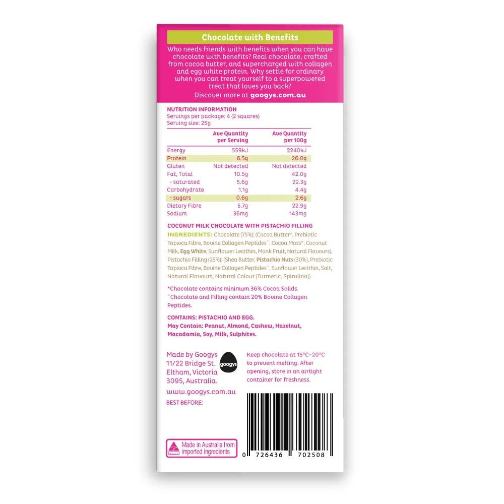 Back of Googys Pistachio Protein Chocolate Bar - 100g packaging showing nutrition and ingredients.