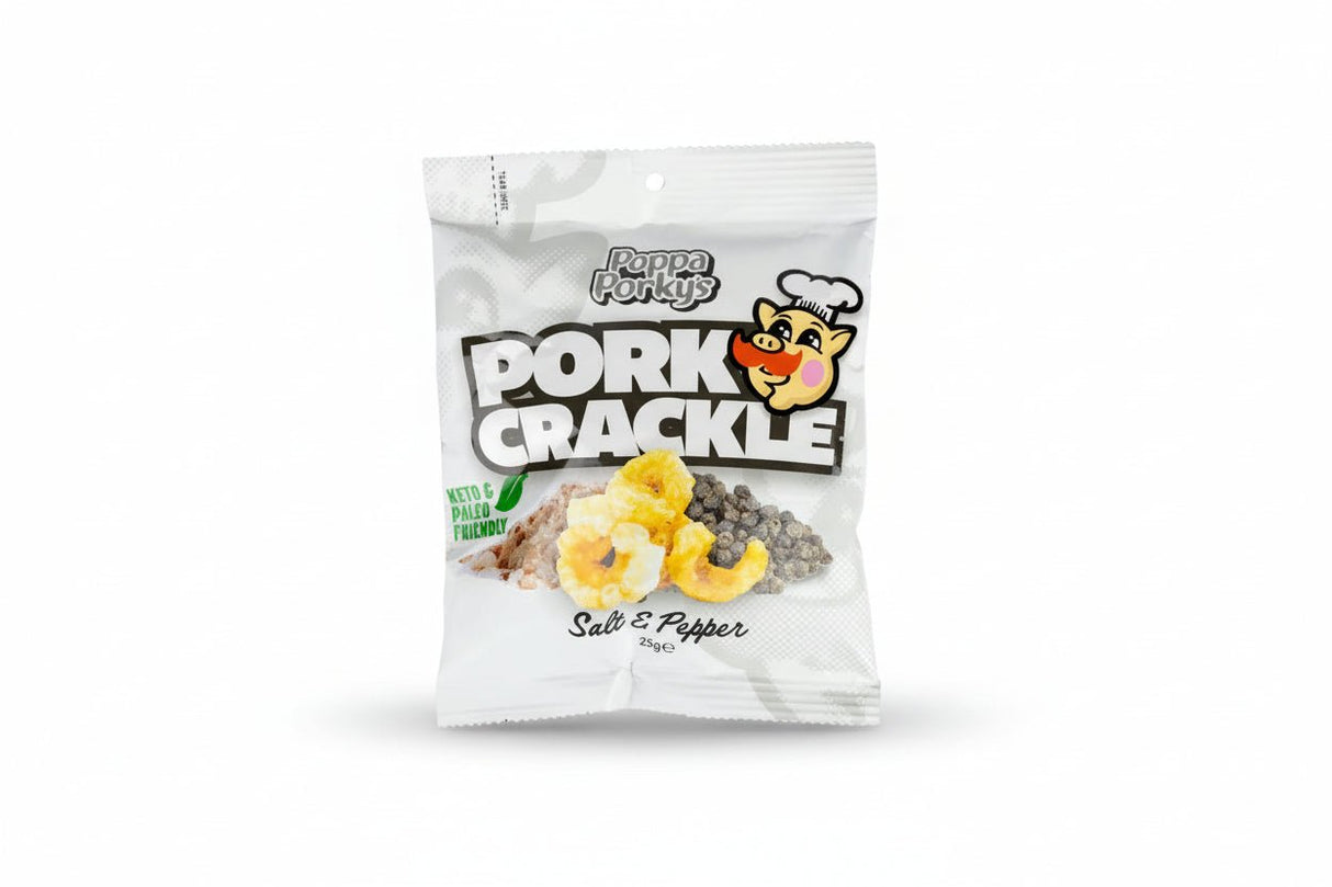 Poppa Porky’s Pork Crackle - Salt & Pepper - 25g bag, savoury snack from carnivore and low carb collections.