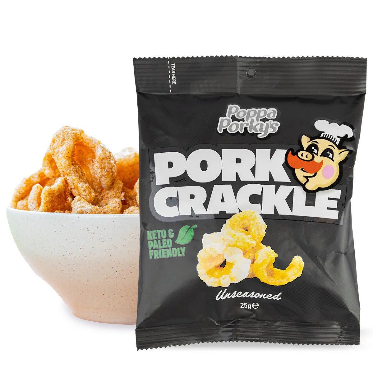 Poppa Porky’s Pork Crackle - Unseasoned - 25g bag with crispy pork crackle in bowl, savoury low carb snack.
