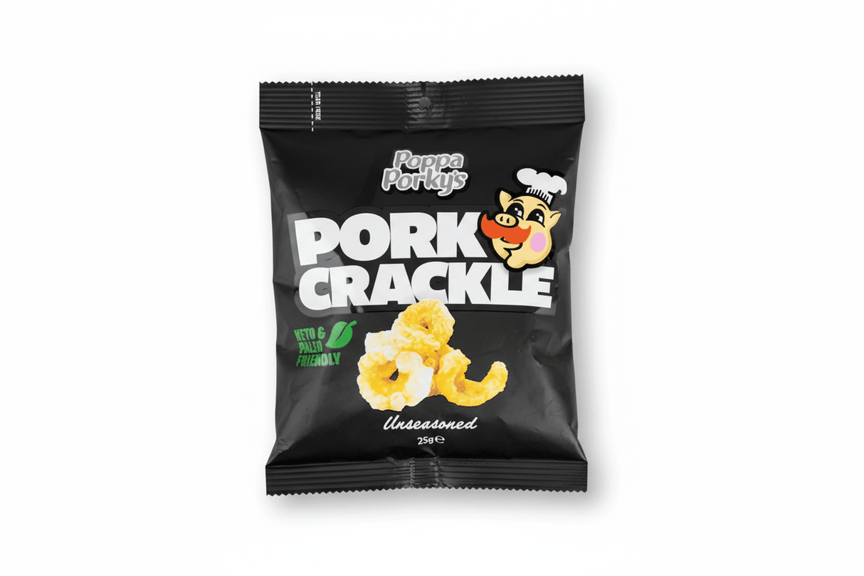 Poppa Porky’s Pork Crackle - Unseasoned - 25g bag, crunchy savoury snack from local Australian family business.