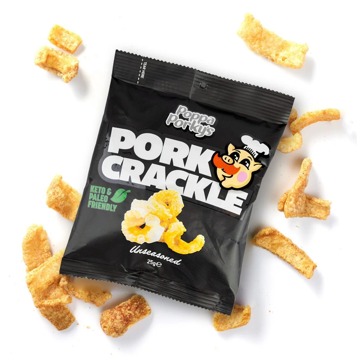 Poppa Porky’s Pork Crackle - Unseasoned - 25g pack surrounded by crispy pork crackle pieces from Savoury Snacks collection