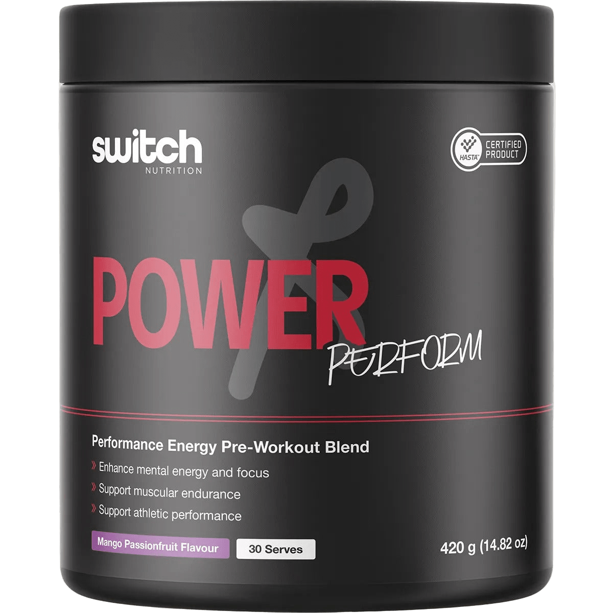 Power Perform Pre-Workout Blend - Mango Passionfruit - 30 Serves by Switch Nutrition in matte black container