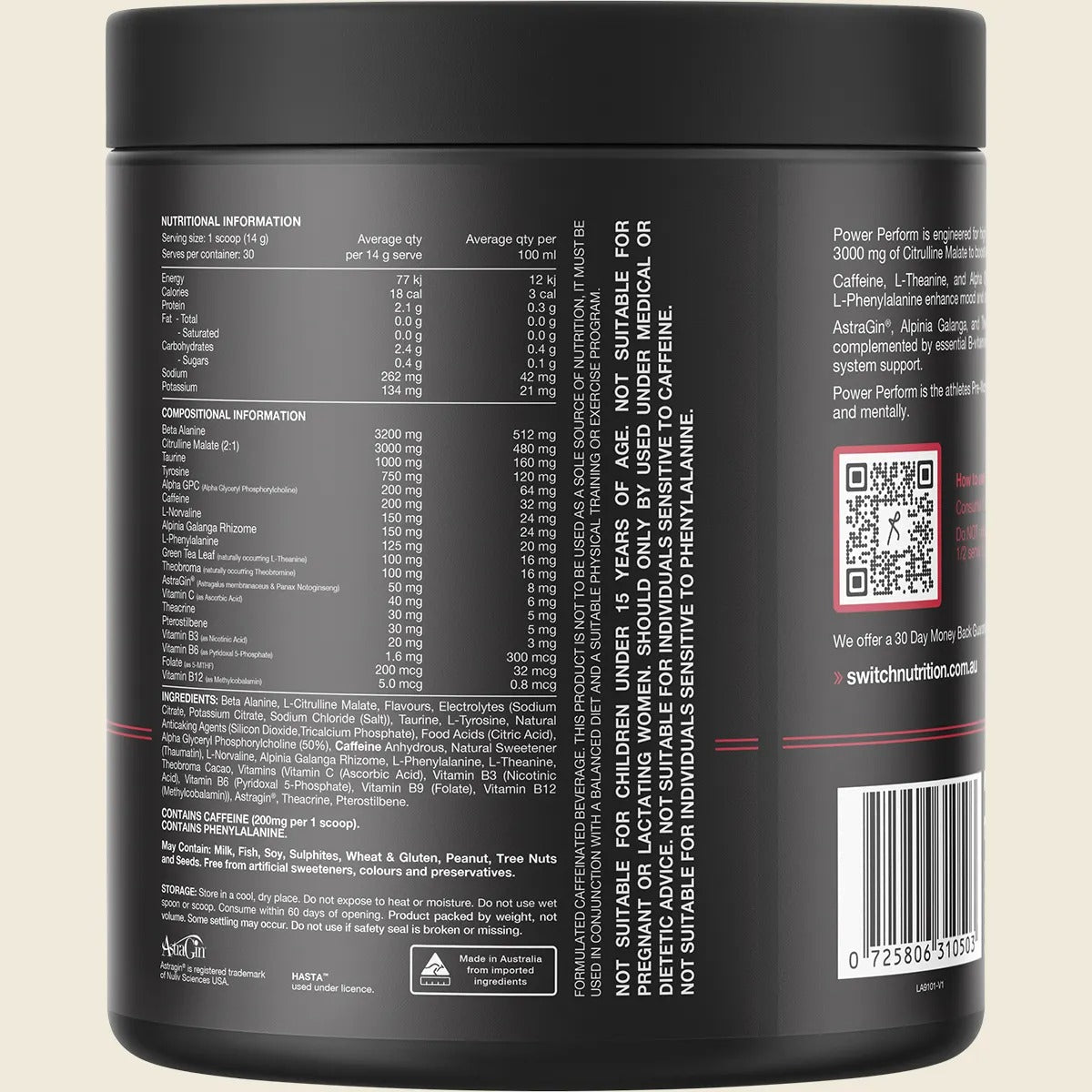 Back label of Power Perform Pre-Workout Blend - Mango Passionfruit - 30 Serves showing nutrition, ingredients, and usage directions.