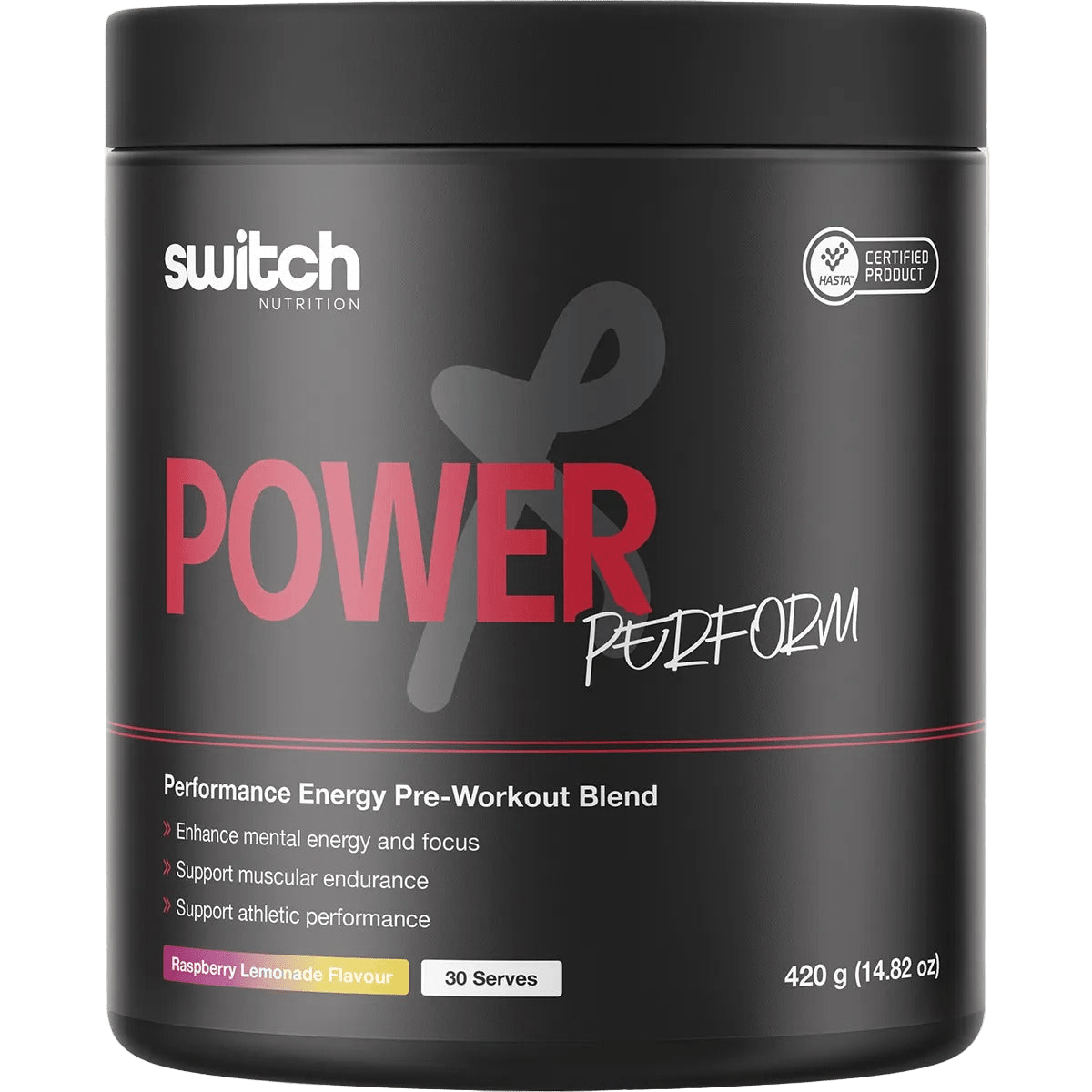 Switch Nutrition Power Perform Pre-Workout Blend Raspberry Lemonade - 30 Serves tub for Dirty Keto and Low Carb pre-workouts.